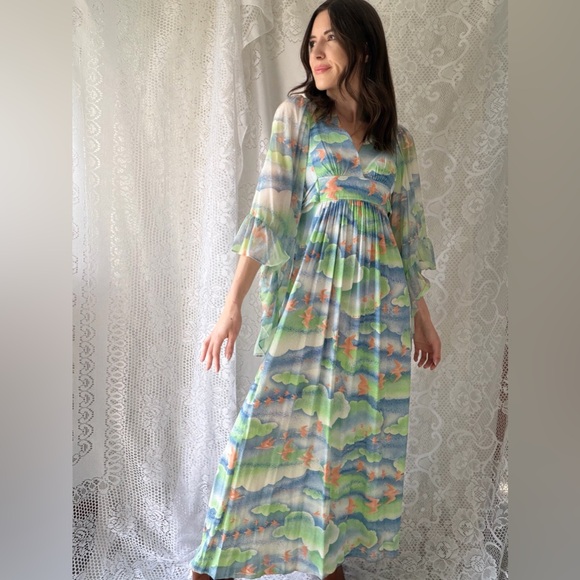 Vintage 70s Bird Print Cloudscape Maxi Dress Boho Flutter Sleeve Empire Waist - Picture 6 of 17